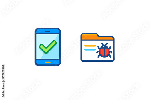 Mobile App with Checkmark and Folder with Bug Icons
