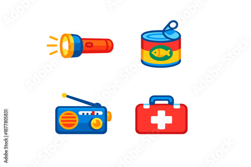 Emergency preparedness kit items: flashlight, canned food, radio