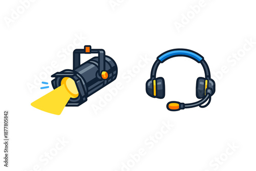 Spotlight and headset icons on dark background