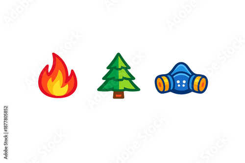 Fire, Tree, and Gas Mask Icons with Neon Glow