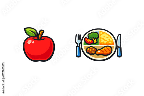Apple and balanced meal on a plate with cutlery