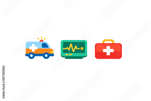 Medical emergency symbols: ambulance, heart monitor, first aid kit