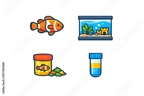 Aquarium theme icons: clownfish, tank, food, and water sample
