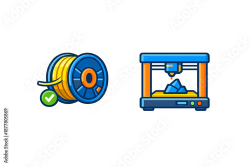 3D Printer and Filament Spool with Checkmark Icon