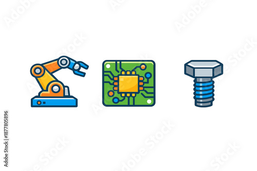 Robotic Arm, Circuit Board, and Bolt Icons