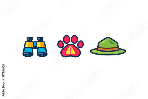 Safari Icons: Binoculars, Paw Print with Warning, and Hat