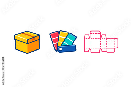 Packaging design icons: box, color palette, and flat box template