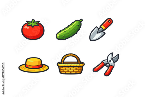 Gardening icons: tomato, cucumber, trowel, hat, basket, shears