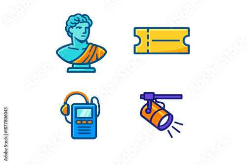 Museum and theater icons: bust, ticket, audio guide, spotlight