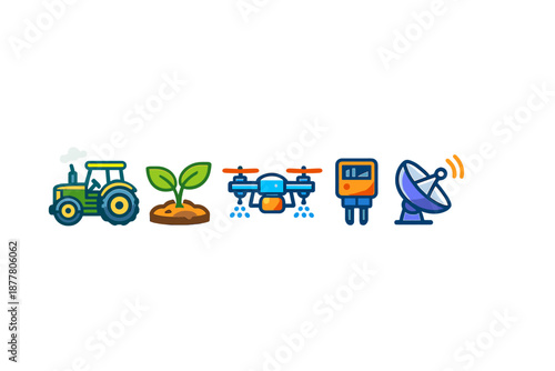 Smart farming icons: tractor, plant, drone, sensor, satellite dish