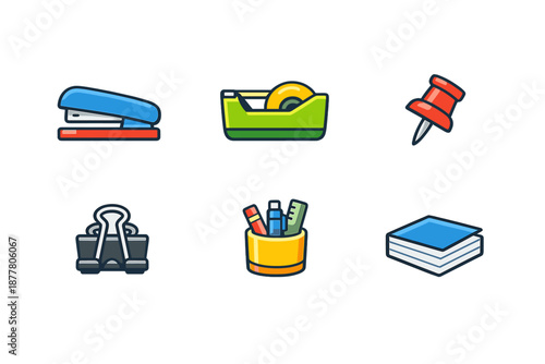 Set of six office supplies icons on a gradient background