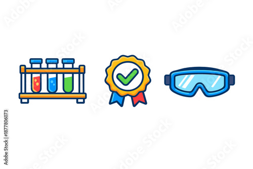 Science icons: test tubes, award ribbon, and safety goggles