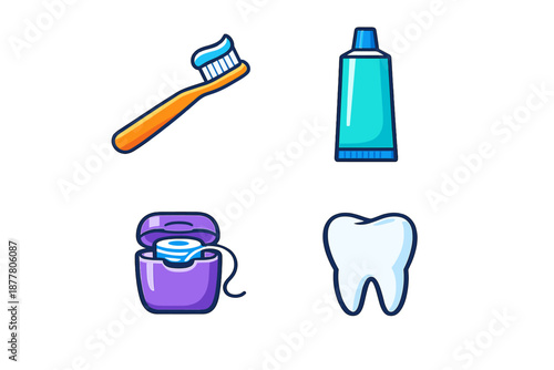 Dental hygiene icons: toothbrush, toothpaste, floss, and tooth