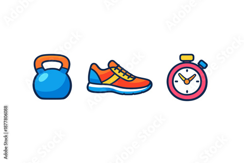 Fitness icons: kettlebell, running shoe, stopwatch on dark background