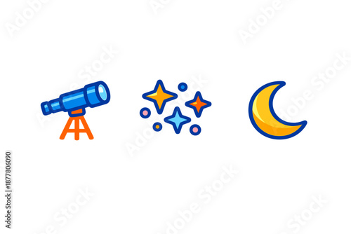 Astronomy icons: telescope, stars and crescent moon with glow