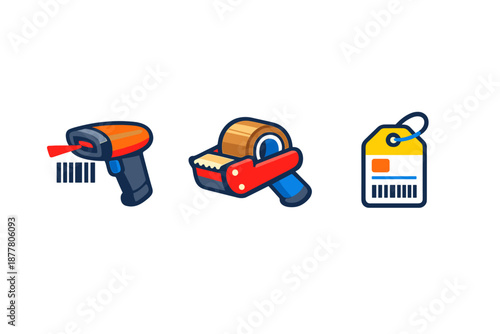 Barcode scanner, tape dispenser, and price tag icons