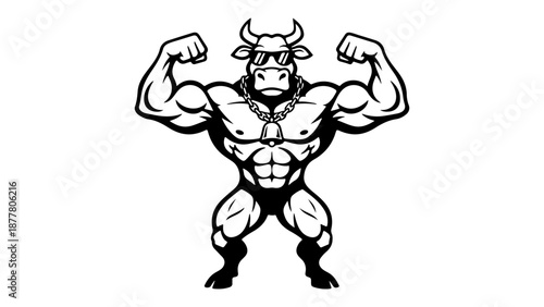 vector illustration of a cool cow with glasses posing and showing off the muscles
