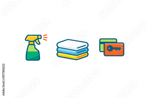 Cleaning, laundry and key card icons with neon glow effect