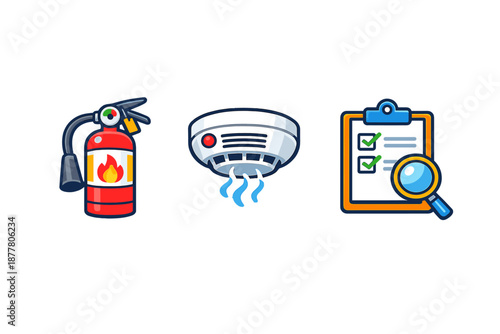 Fire safety icons: extinguisher, smoke detector, checklist and