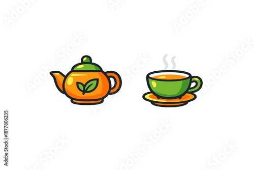 Cute orange teapot and green cup of tea with steam illustration