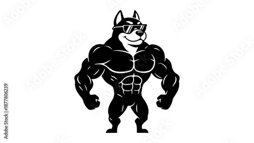 vector illustration of a cool dog with black glasses smiling and showing off his big muscle body black and white shape
