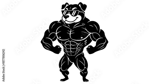cool dog in black sunglasses showing of muscles black and white vector illustration