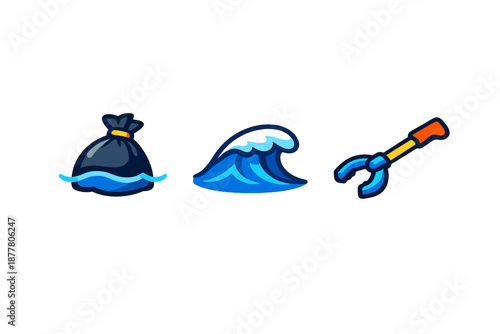 Trash bag, wave, and grabber on dark background