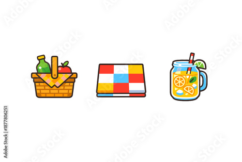 Picnic basket, picnic blanket and refreshing drink illustration