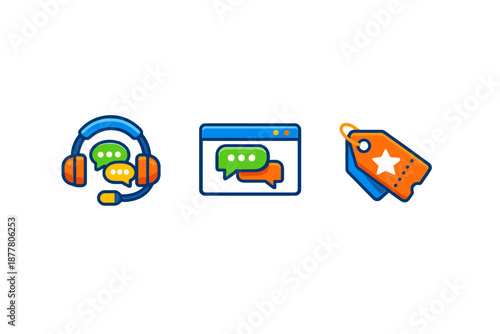 Digital communication icons: headset, chat window, and tag