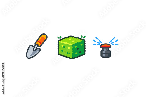 Garden icons: trowel, plant, and sprinkler