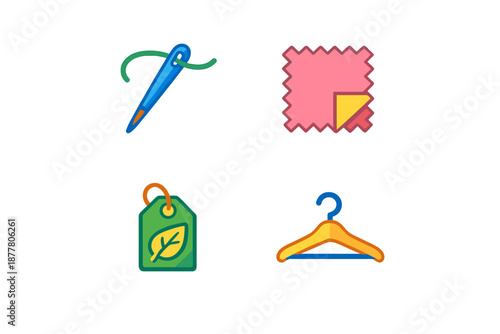 Set of sewing, fabric, tag, and hanger icons with neon glow