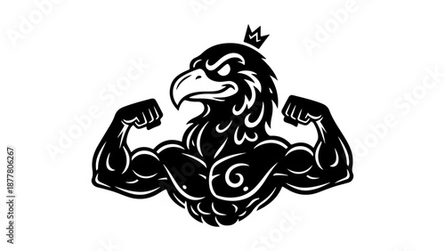 cool bird/eagle with the crown on the head showing off big muscles black and white shape vector illustration