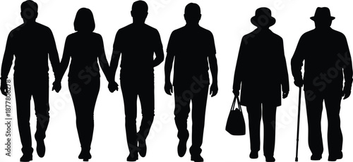 Diverse people silhouette collection of family walking together with elderly man and woman for community social connection and multi generational relationship design projects isolated.