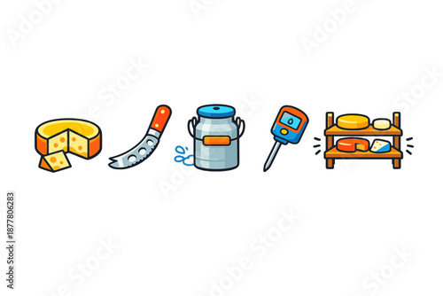 Cheese making equipment icons: cheese, knife, milk can, thermometer