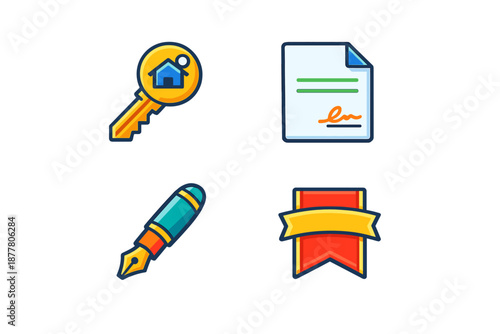 Real Estate, Document, Pen, and Ribbon Icons