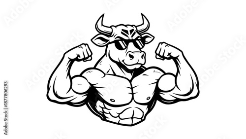 cool bull with black sunglasses showing of his muscled body vector black and white illustration
