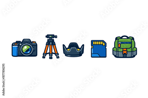 Photography equipment icons: camera, tripod, lens hood, memory card