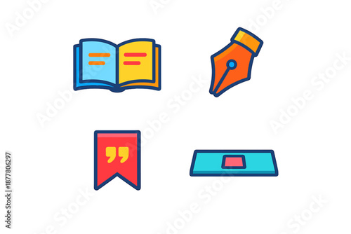 Set of 4 stylized icons: book, pen, quote mark, and microscope