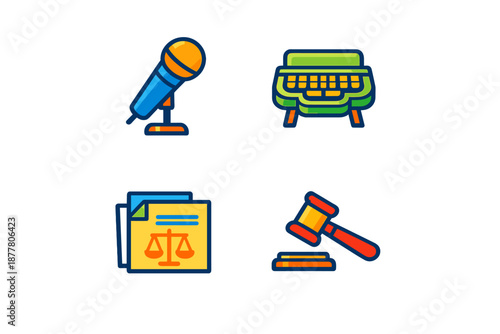 Legal and communication icons: microphone, typewriter, scales of