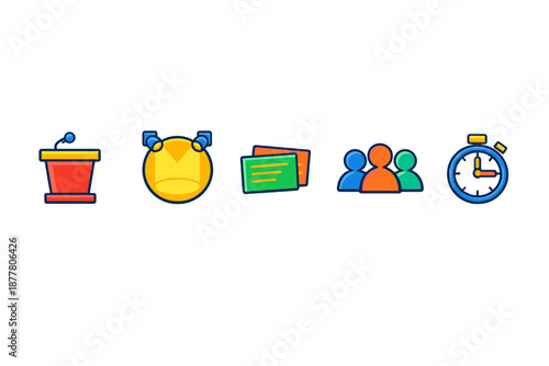 Presentation, spotlight, documents, team, and stopwatch icons