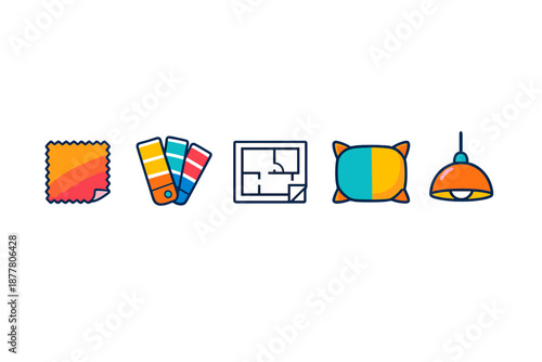 Interior design icons: fabric, color swatches, floor plan, pillow