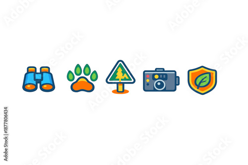 Set of flat outdoor adventure icons with glowing effect