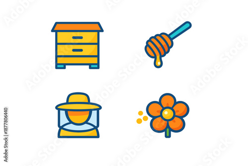 Beehive, honey dipper, beekeeper, and flower icons with glowing