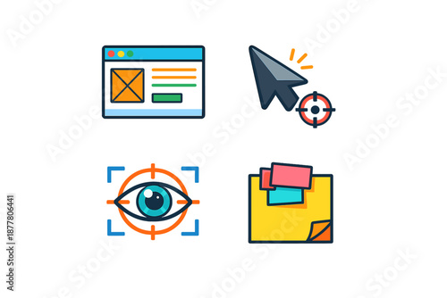Four UI icons: web browser, cursor, eye scan, and sticky notes