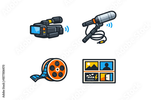 Set of four stylized icons for video production and content creation