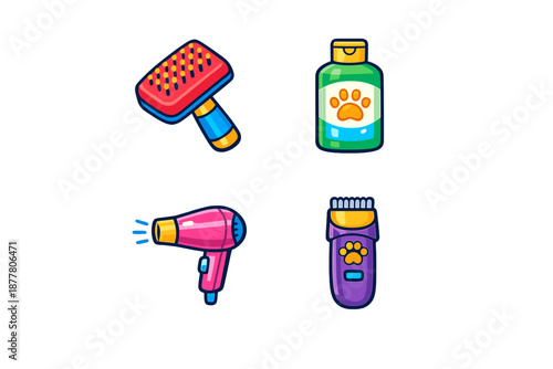 Pet grooming tools and supplies icons