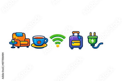 Modern icons of armchair, coffee, WiFi, luggage, and plug