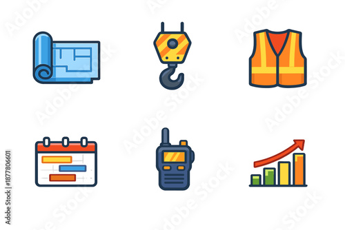 Construction icons: blueprint, crane, vest, calendar, radio, chart