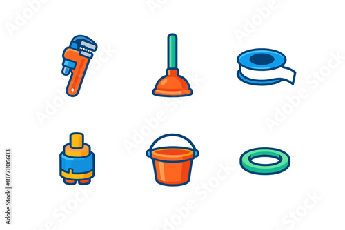 Plumbing tools and supplies icons with neon glow