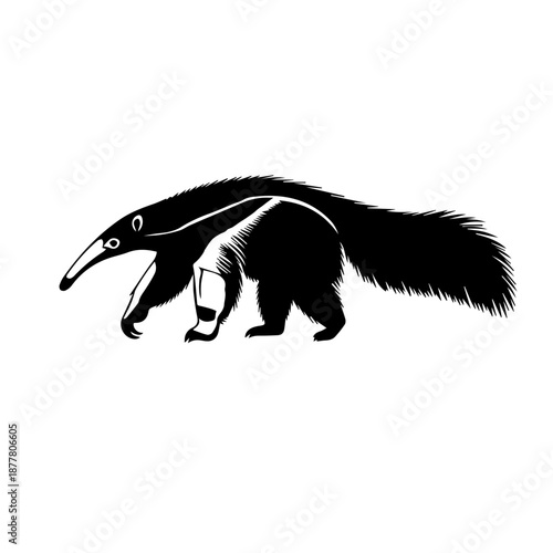 A black silhouette of an anteater with a long snout and bushy tail walking.